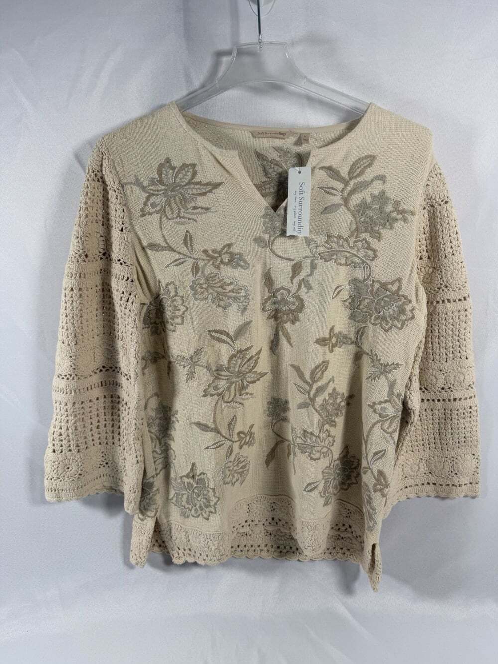 NWT Soft Surroundings Zina Crochet Sweater Large Tan Floral Embroidered Boho